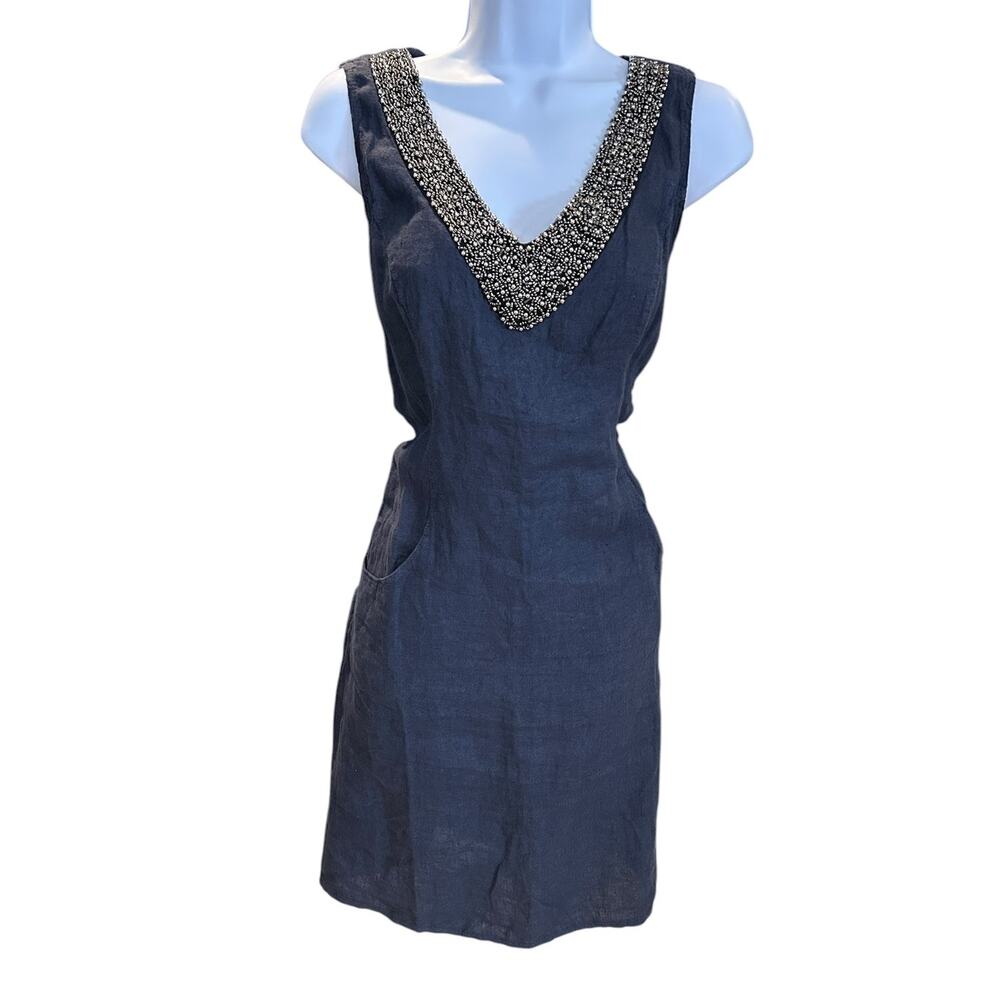 LINA TOMEI Black Linen Sleeveless Beaded Embellished Cotton Dress Women's XS